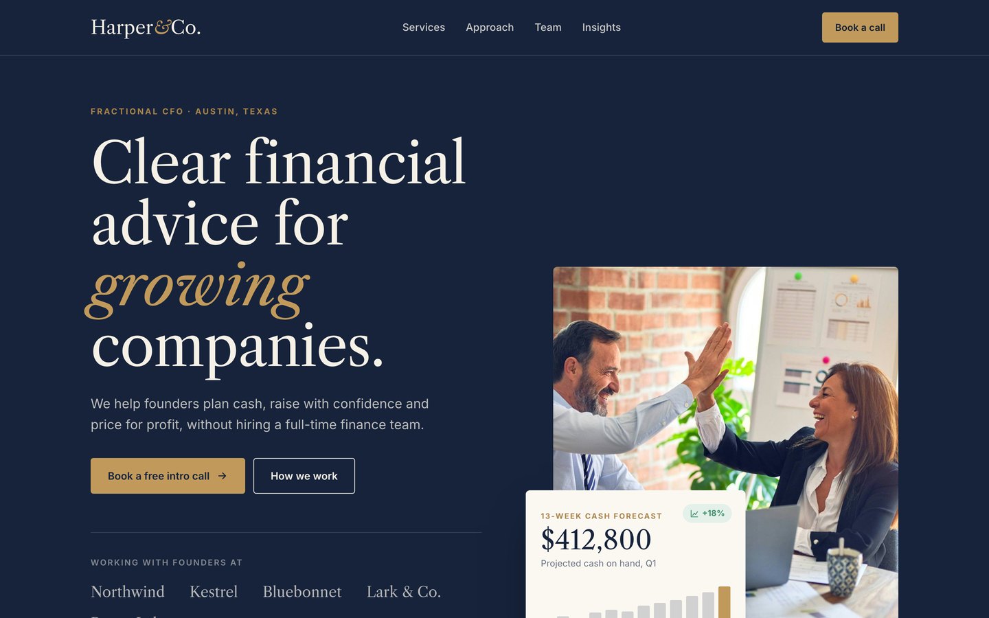 Sample website for Harper and Co., a finance advisory firm in Austin