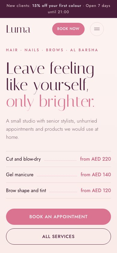 Luma sample website on a phone