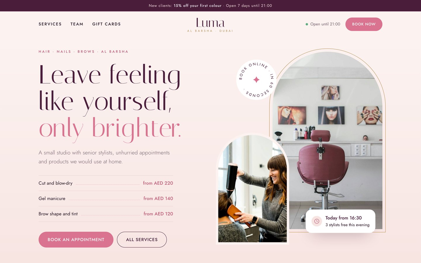Sample website for Luma, a beauty studio in Dubai