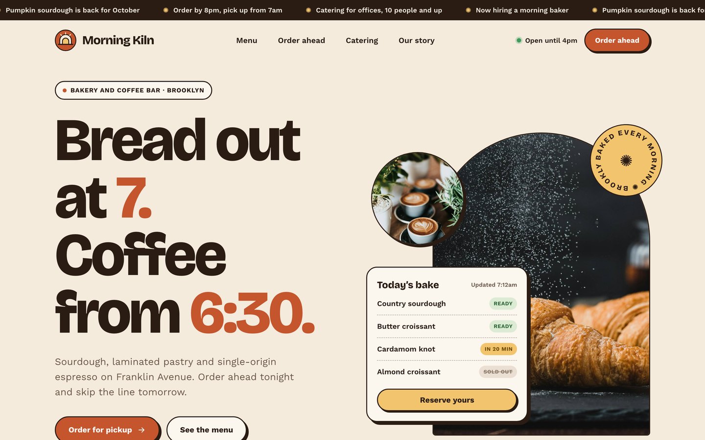 Sample website for Morning Kiln, a bakery in Brooklyn