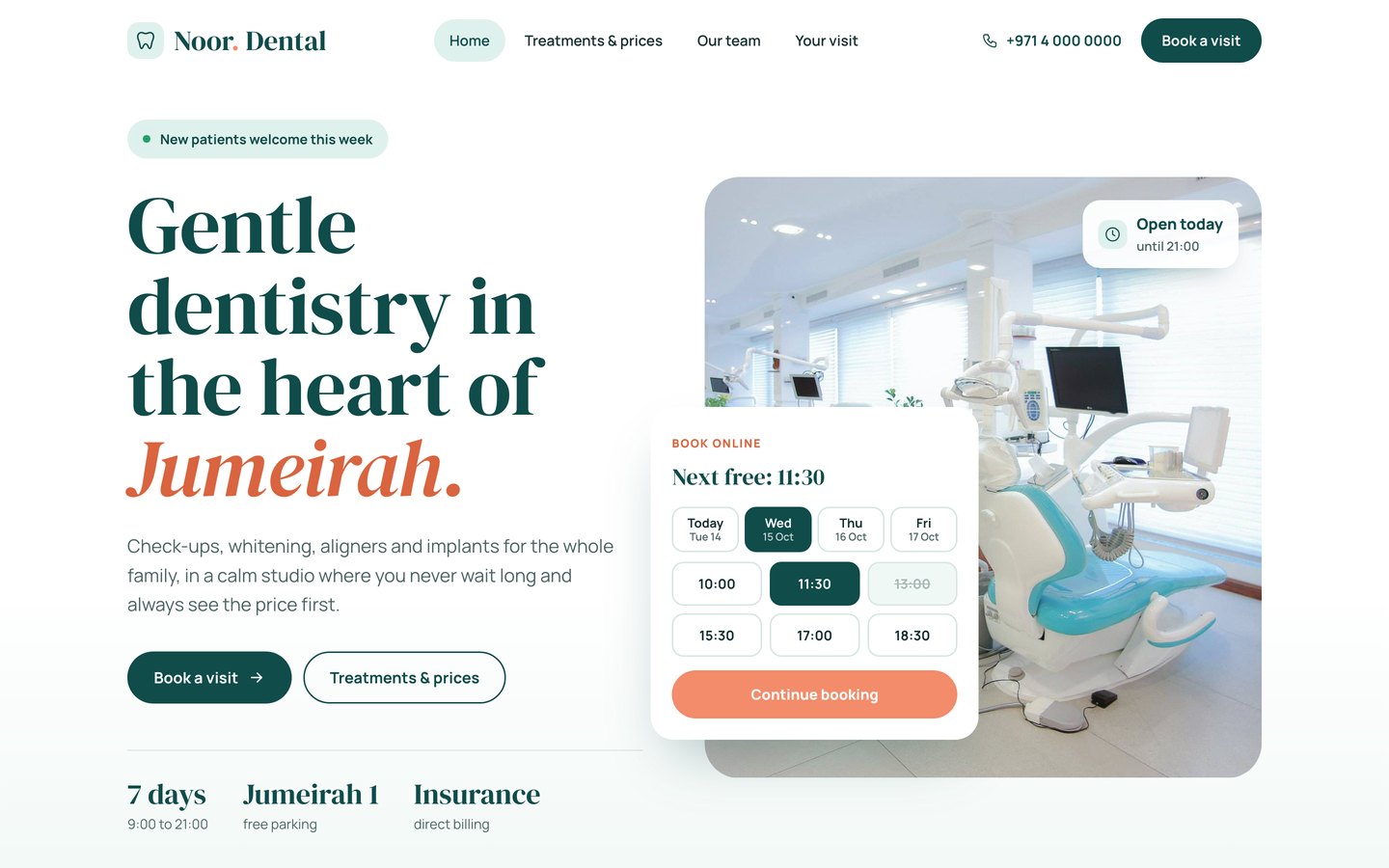 Sample website for Noor Dental, a family clinic in Dubai